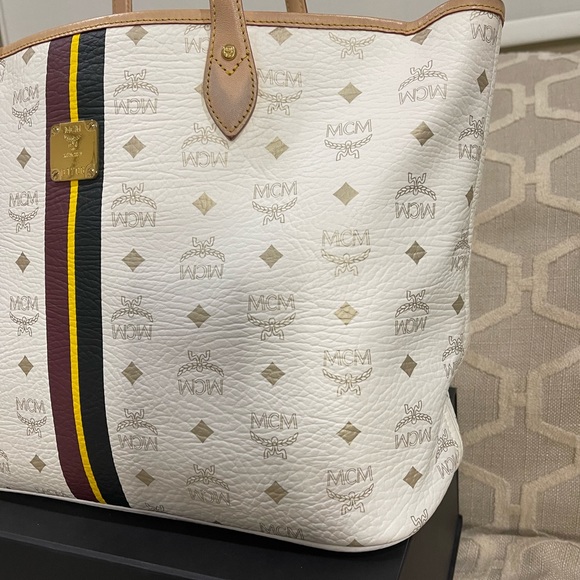 MCM White Canvas Monogram Tote with Brown Leather Trim and Yellow-Black Stripe - Picture 4 of 7